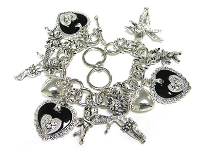 Marcasite look angel and heart charm dangle bracelet