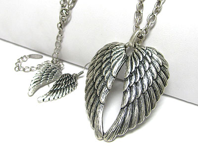 Burnish metal wing pendant necklace earring set