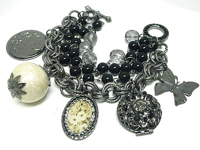 Victorian style antique look charm and locket dangle bracelet