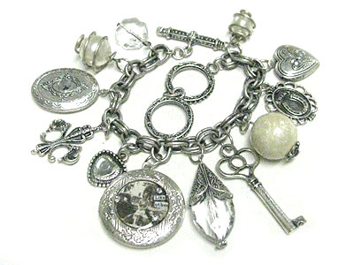 Victorian style antique look charm and locket dangle bracelet