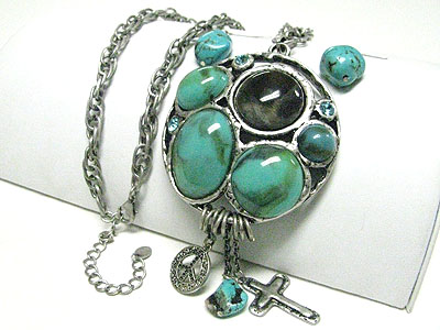 Turquoise and marblic stone deco round pendant long necklace set