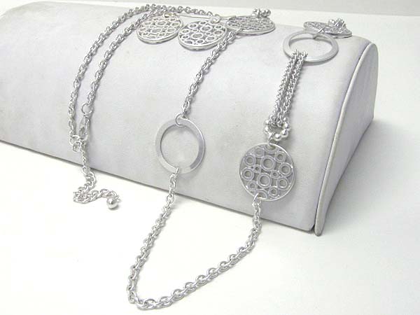 Metal filigree disk and long chain necklace earring set