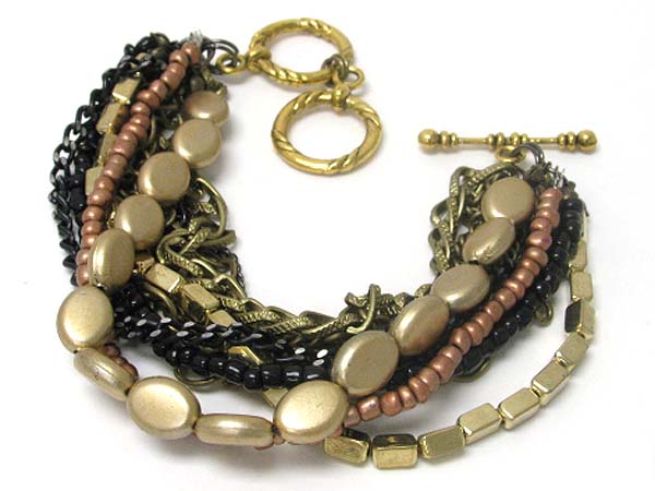 Multi metal chain and beads line link bracelet