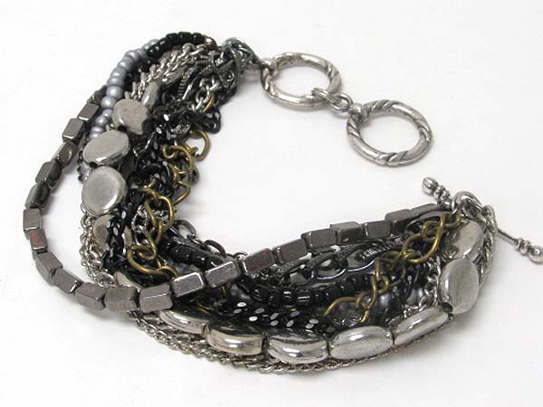 Multi metal chain and beads line link bracelet