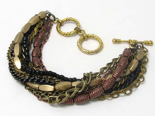 Multi metal chain and beads line link bracelet