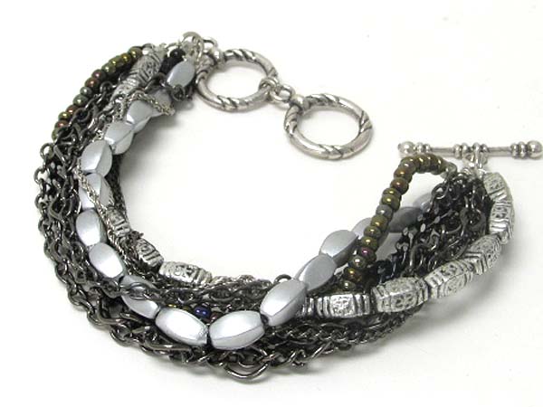 Multi metal chain and beads line link bracelet