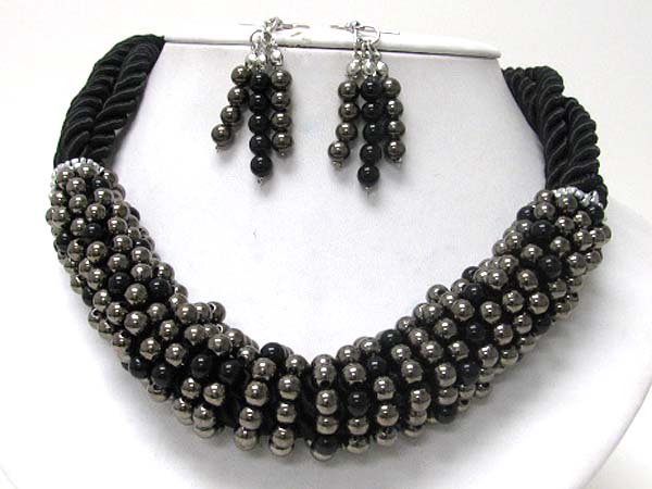 Metal beads line wrapped rope backing necklace earring set