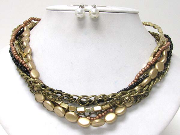 Multi metal chain and beads line link necklace earring set