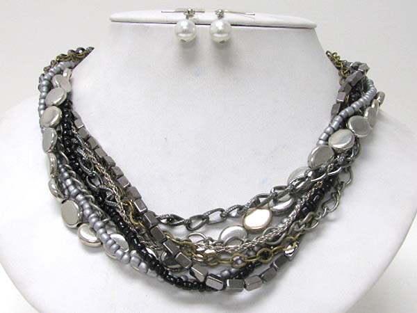 Multi metal chain and beads line link necklace earring set