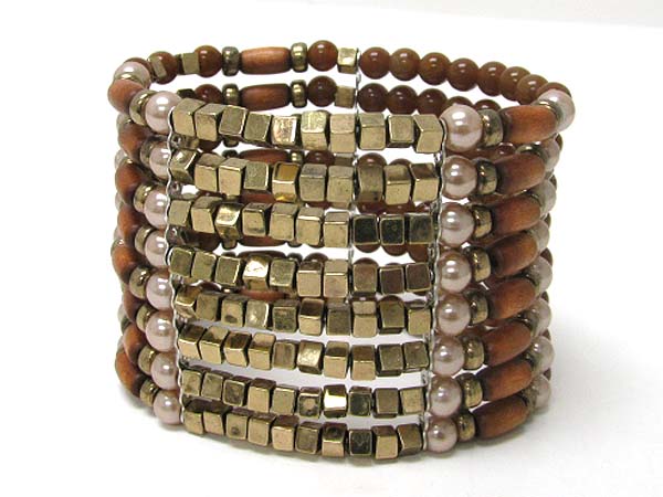 Wood pearl and metal ling multi row stretch bracelet