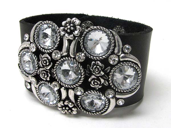 Crystal and metal flower top leather wrist band