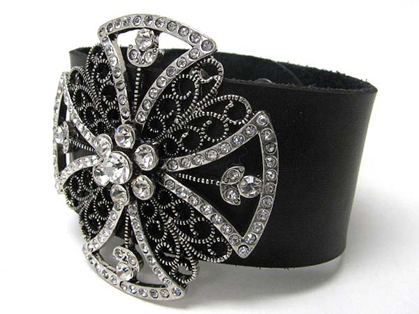 Crystal and metal flower top leather wrist band