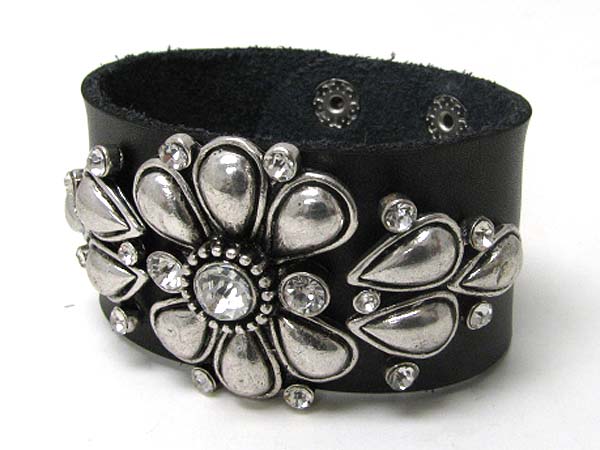 Crystal and metal flower top leather wrist band