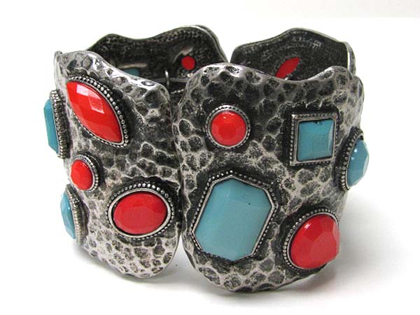 Acryl stone art deco dimple metal link strech bracelet