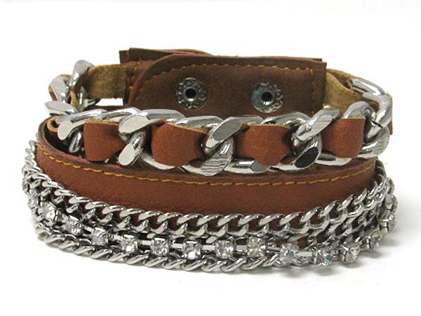 Multi rhinestone and chain deco leather wrist band