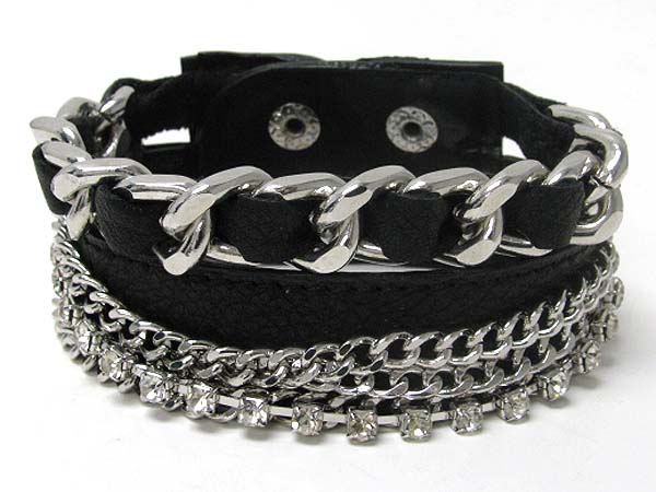 Multi rhinestone and chain deco leather wrist band