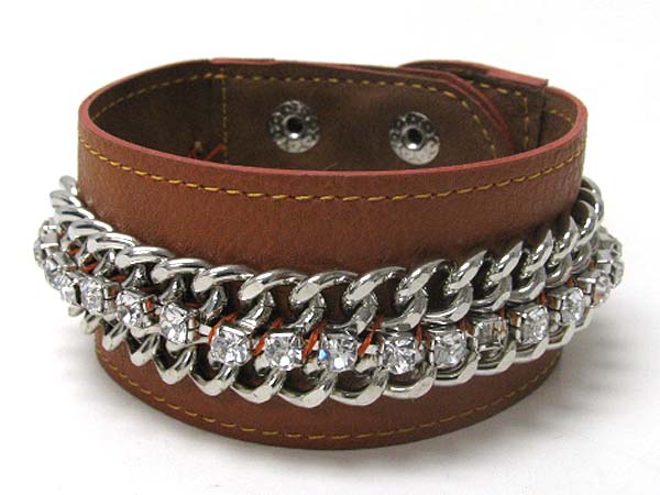 Rhinestone and chain deco leather wrist band