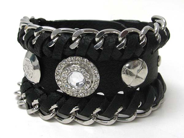 Crystal and metal button stud metal chain edge leather wrist band