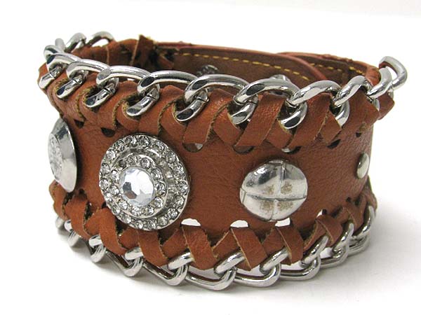 Crystal and metal button stud metal chain edge leather wrist band