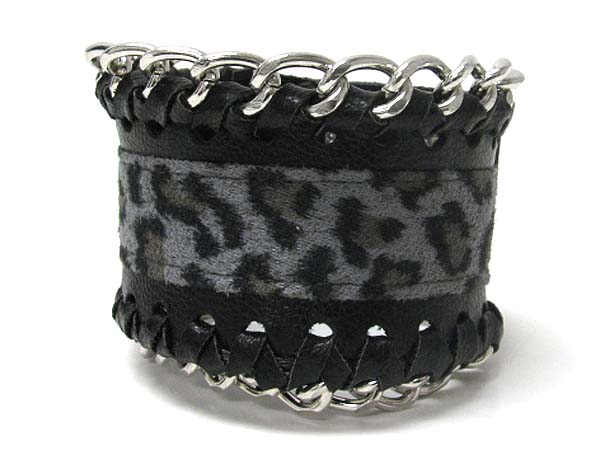 Animal print metal chain edge leather wrist band