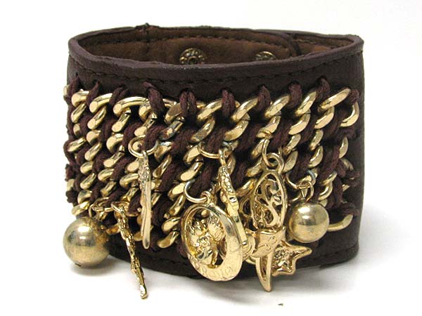 Mixed metal vharm dangle metal chain leather wrist band