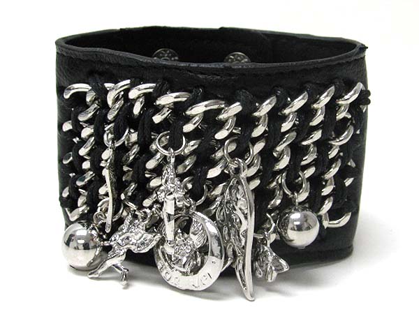 Mixed metal vharm dangle metal chain leather wrist band