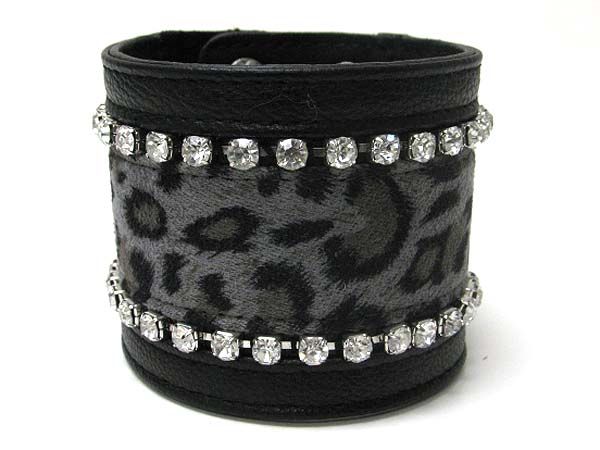 Double crystal line animal print leather wrist band