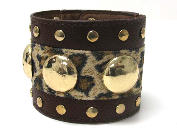 Metal button stud animal print leather wrist band