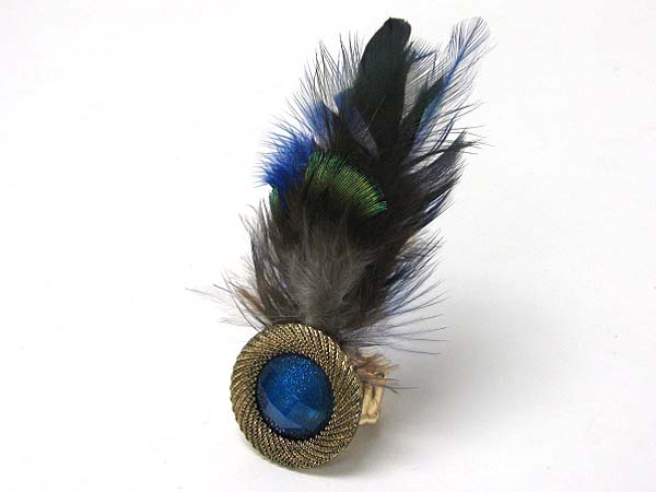 Natural feather deco round stone stretch ring