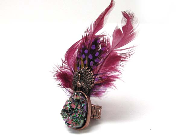 Natural feather deco natural stone stretch ring