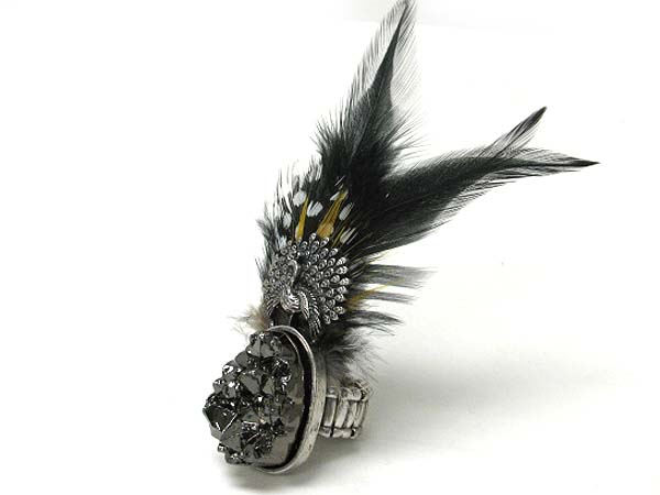 Natural feather deco natural stone stretch ring