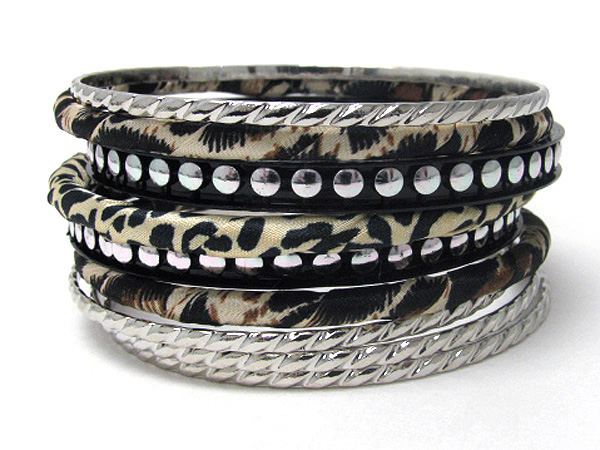 Animal print fabric wrap and multi metal bangle bracelet set