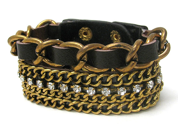 Rhinestone and multi chain wrap synthetic leather wrist band