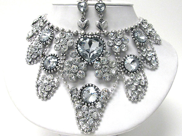 Facet glass and crystal deco party bib style necklace earring set