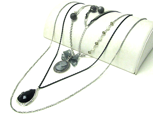 Cameo and ribbon pendant multi layered chain long necklace earring set