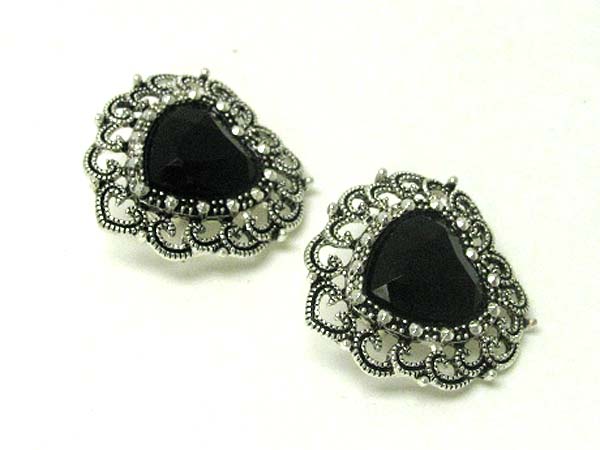 Heart stone marcasite look clip on earring