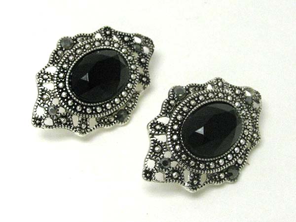 Oval stone marcasite look clip on earring