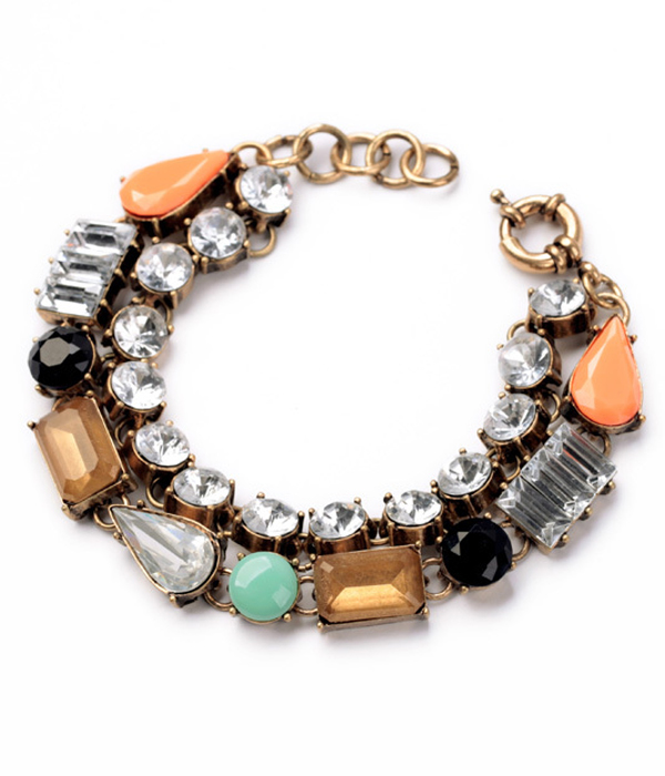 Boutique style multi row crystal and stone chain link bracelet