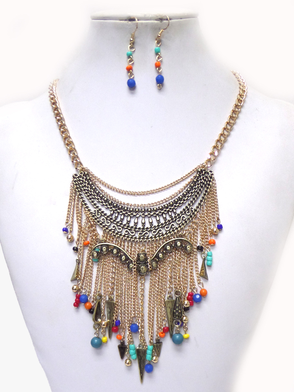 Metal chain bib tassel drop necklace set