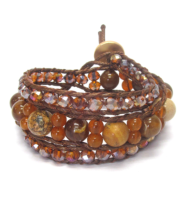 Facet glass and ball stone bead cord link wrap bracelet