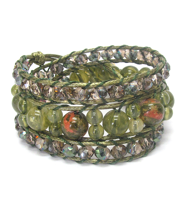 Facet glass and ball stone bead cord link wrap bracelet