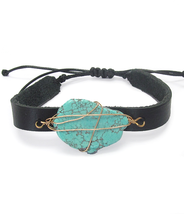 Turquoise wire wrap leatherette pull tie bracelet