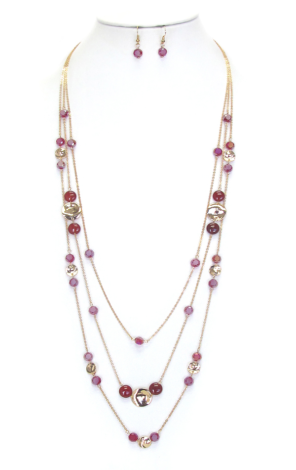 Multi glass bead 3 layer long fine chain necklace set