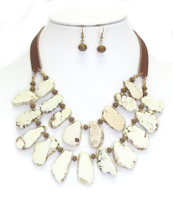 Multi stone link double layer leatherette necklace set