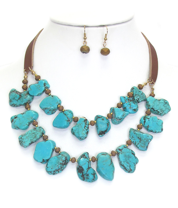 Multi stone link double layer leatherette necklace set