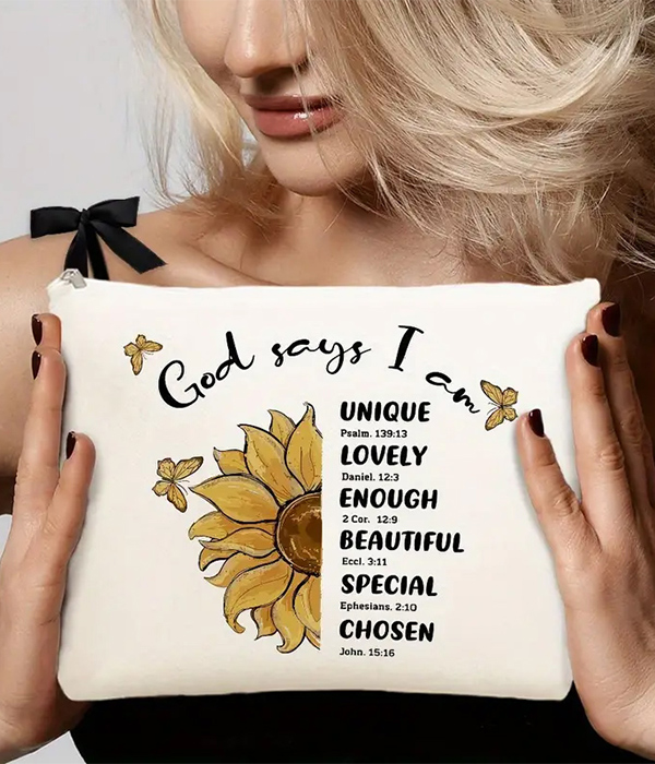 Cosmetic makeup bag - god says i am unique