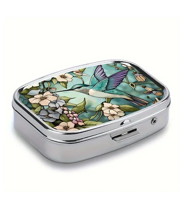 Portable pill box - humming bird and flower