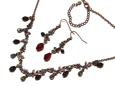 Crystal and beads drop flower link necklace and earring set