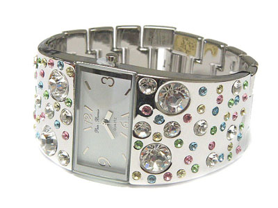 Multi color bubble crystal metal bangle watch