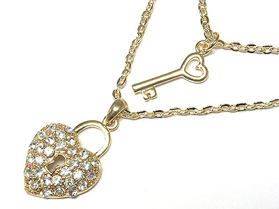 Crystal heart lock and key necklace